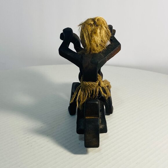Rare Primitive Java Man on Motorcycle Wooden Carving and Jute Tribal Sculpture - Picture 7 of 17